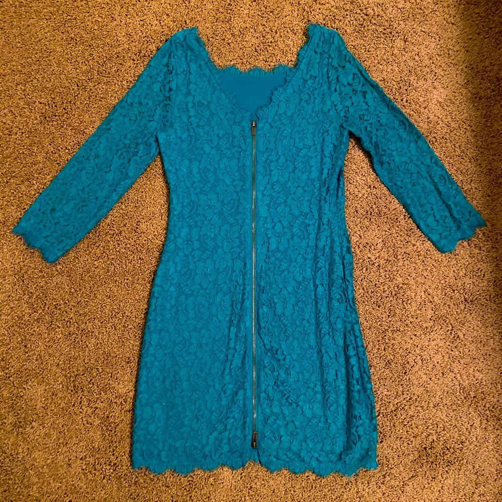 $350 Teal Lace Diane von Furstenberg Mini Dress - Picture 2 of 9